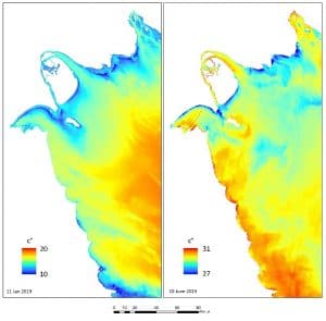 الأقمار الاصطناعية - مرئية حرارية توضح التفاوت المكاني لدرجة حرارة سطح البحر في مياه دولة الكويت